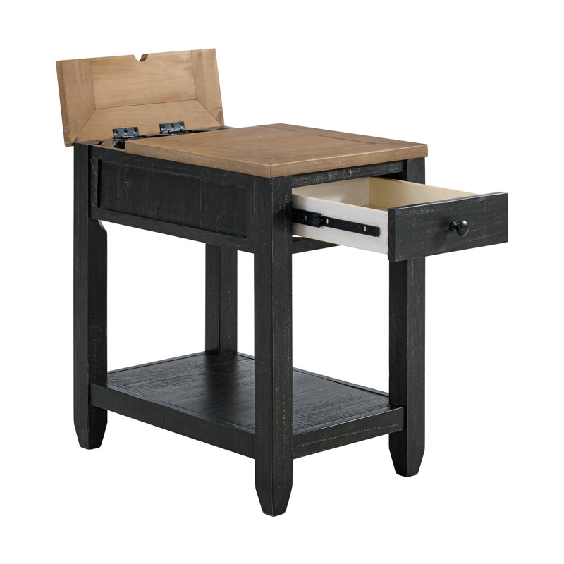 Table de bout en bois massif avec station de charge Sarcoline, Bois flottant / noir