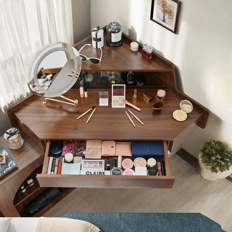 Ensemble de coiffeuse de coin avec miroir pliant réglable Brightness, tabouret, plateau de table spacieux, tiroir et armoire de rangement