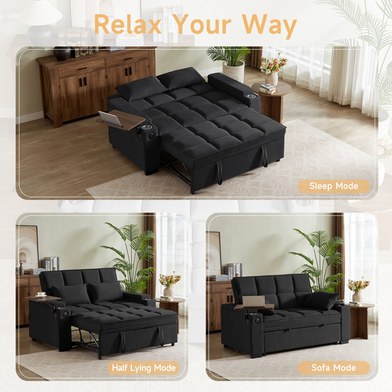 Canapé-lit convertible avec port USB, table d'appoint, porte-gobelets pour le salon, Noir
