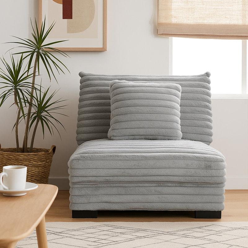 Ezo Armless Accent Chair, White Polyester Corduroy, Soft Cushioned, Grey Polyester Blend