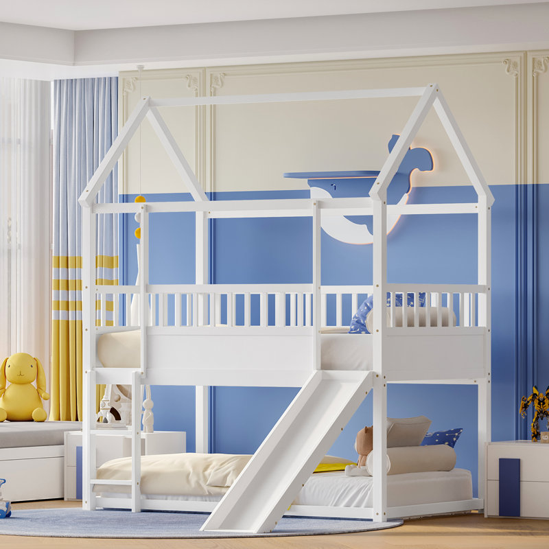 Lit simple superposé au-dessus avec glissade convertible amovible intégrée et stable - Blanc