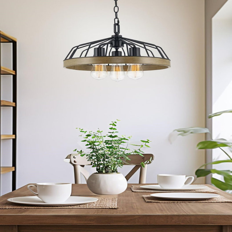 Luminaire suspendu semi-encastré 15 po à 3 lumières de style campagnard industriel avec abat-jour cage, finition bouleau fumé rustique