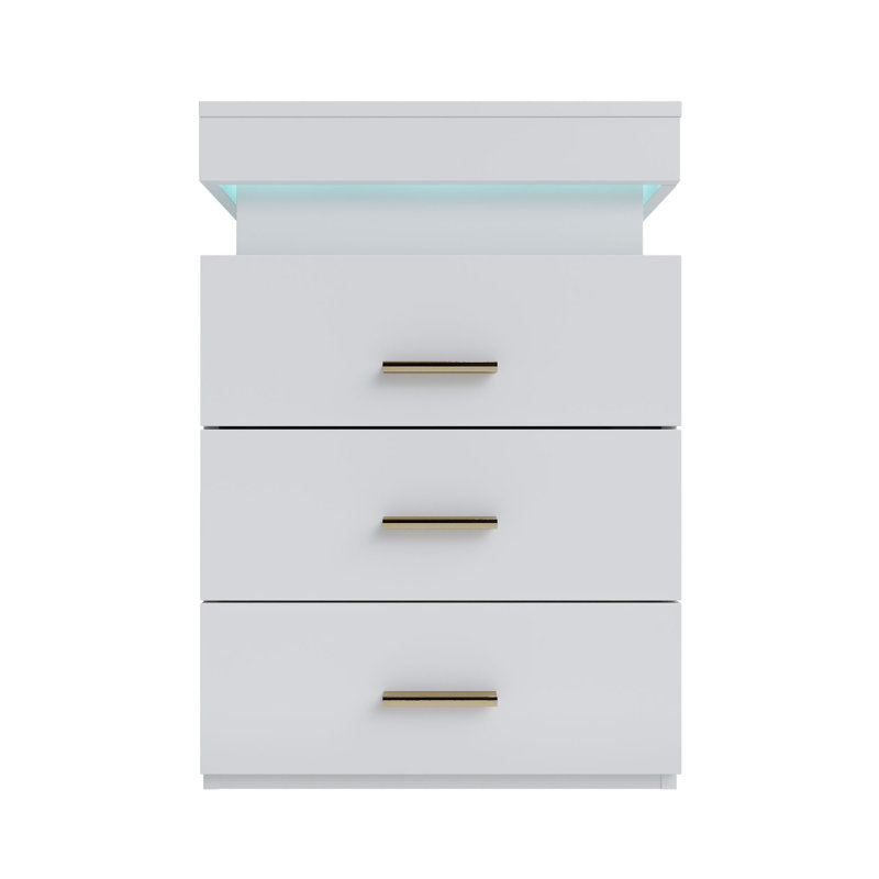 LED Nightstand with Motion Sensor Light, Modern Bedside Table with 3 Color Dimmable Lighting, Glass Top Jewelry Storage & 3 Drawers, High Gloss White Bedroom Furniture