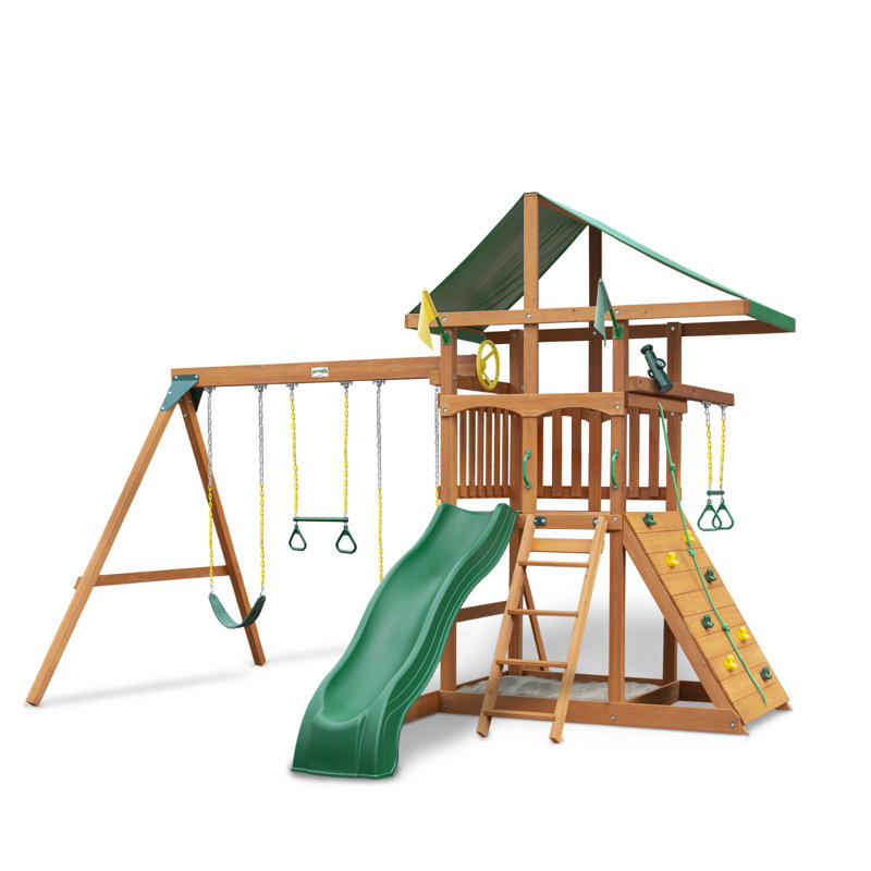 Amber Stained Cedar Wood Swing Set with Canopy Roof and Trapeze Arm