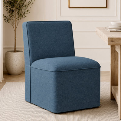 Modern Chenille Upholstered Dining Chair With Hidden Casters, Armless Rolling Dining Chair With Wheels, Heavy Duty 400 Lbs Capacity,  Mobile Accent Chair For Kitchen, Vanity, Dining Room, Living Room(Blue)