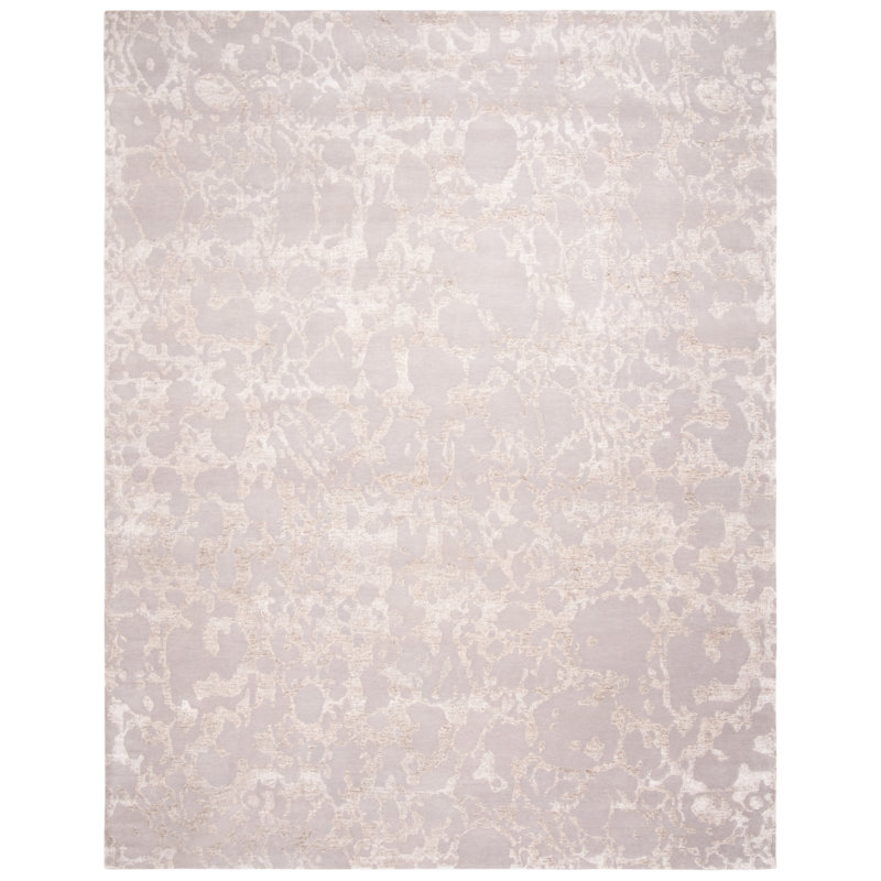 Tapis abstrait argenté en laine / coton noué à la main Samid, Rectangle 9 pi x 12 pi