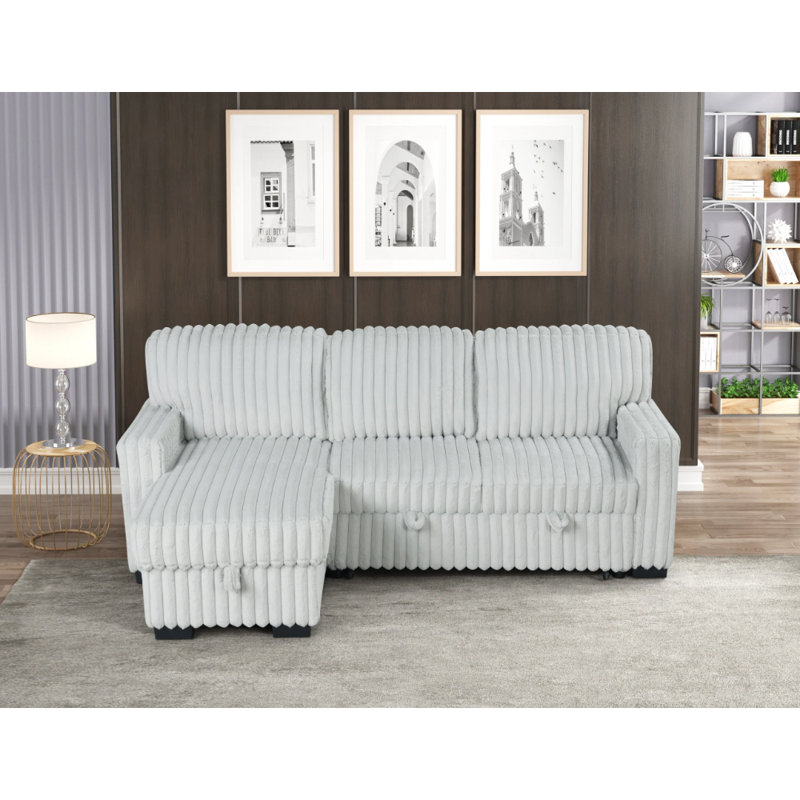 Poland Charcoal Reversible Sectional With Pull-Out Bed, Gray Fabric