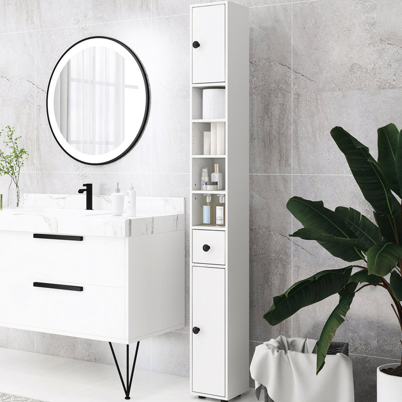 Armoire de salle de bain 7,7 "x H 72,37" blanche avec tablettes ouvertes et 2 portes de rangement pour la salle de bain, la cuisine, le couloir et le salon