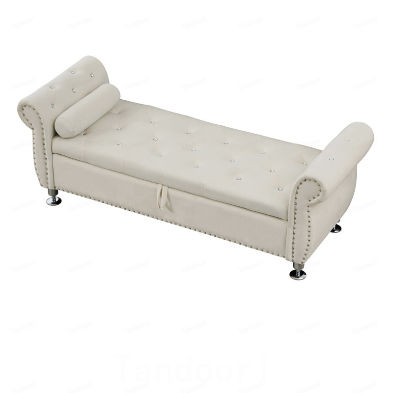 Banc de rangement en velours doux avec boutons en cristal et 1 coussin, pour chambre et salon, Beige