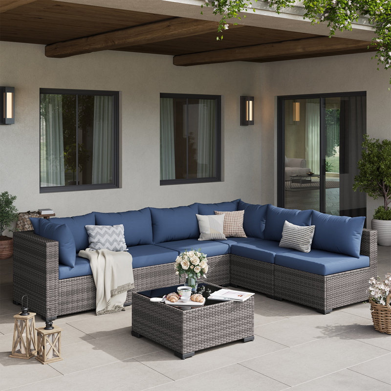 7 Piece Patio Conversation Set With Coffee Table And Cushions, Navy