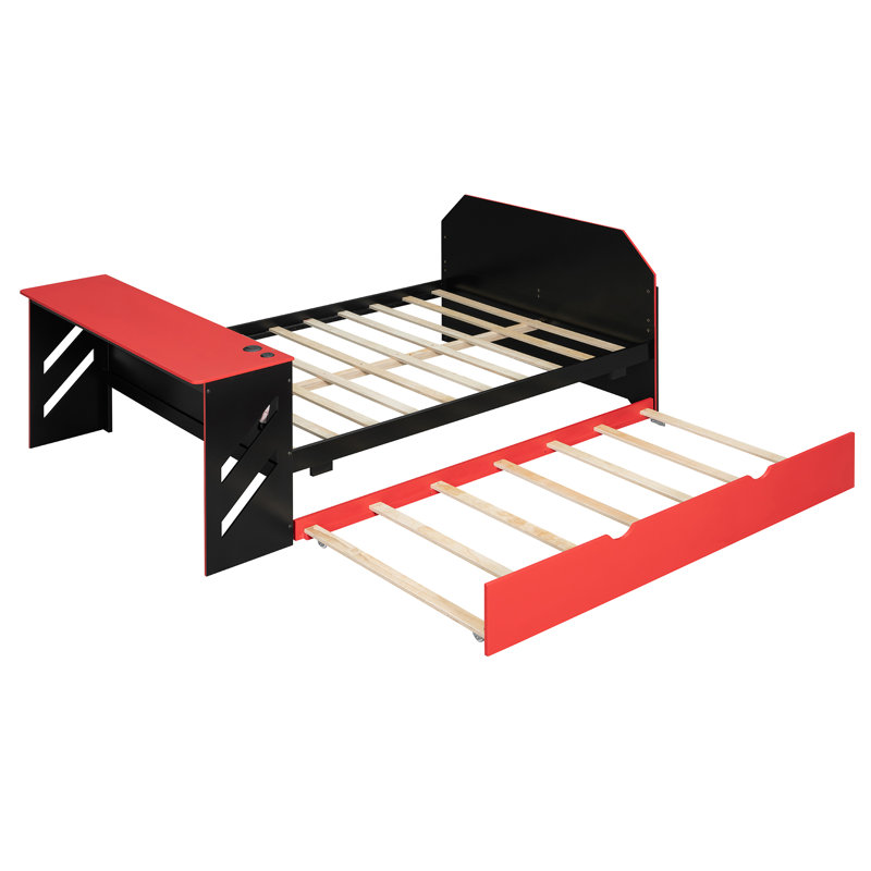 Full Size Wood Daybed with Twin Size Trundle,Desk and USB,Red, Red