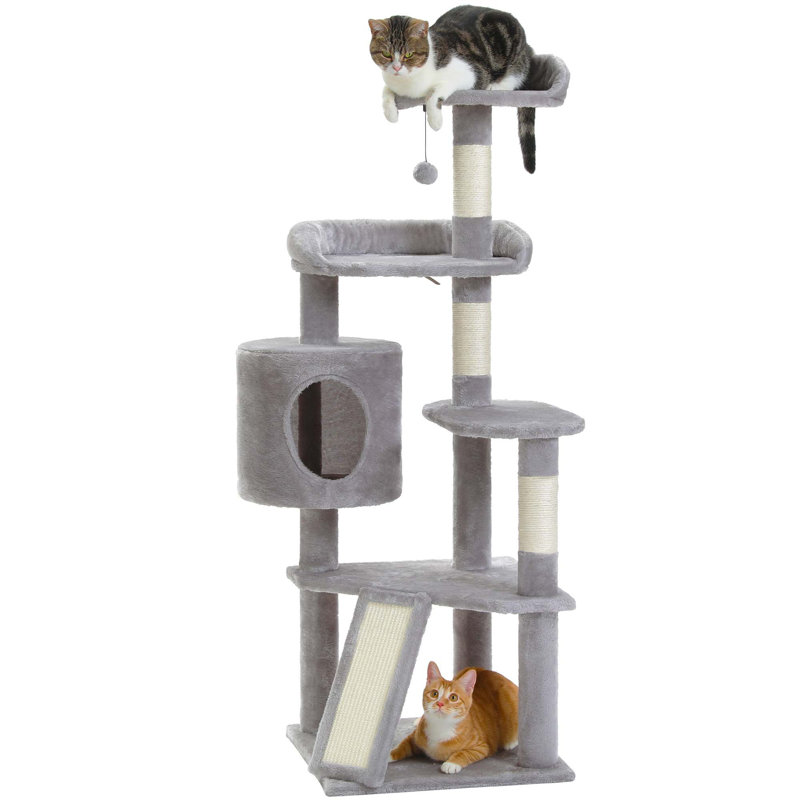 Tour d'escalade à plusieurs niveaux avec condo pour chat, arbre à chat avec planche à gratter, Gris