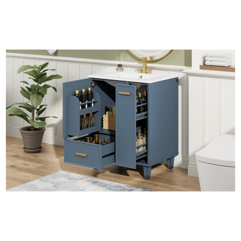 Meuble-lavabo 24 po bleu gris avec lavabo en céramique et armoire en bois massif