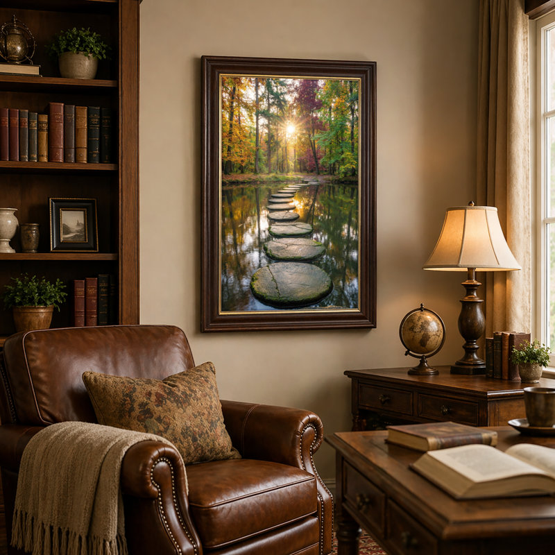 Art mural antique sur toile encadré doré pour le salon, la chambre à coucher, le bureau ou le vestibule - décoration murale décorative avec sentier forestier