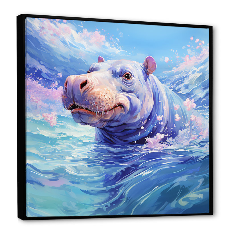 «Blue Serene Hippo Majesty - Hippopotamus», art mural bleu, Cadre flottant noir, H 16 po x l 16 po