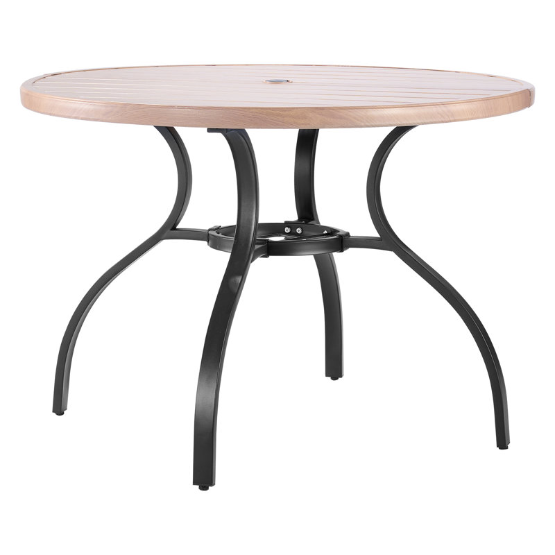 Outdoor Patio Dining Table Round Wood-Like Metal Garden Furniture for 4, Natural