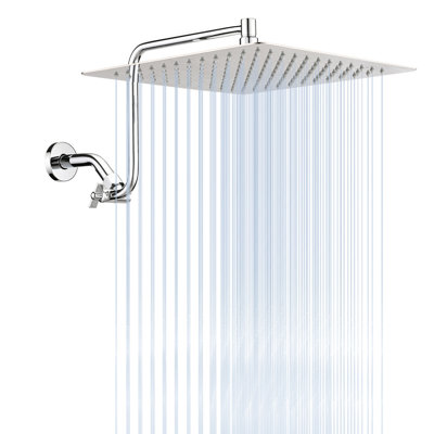 12 Inch Shower Head With Movable Adjustable Arm - Stainless Steel, No Clogging, Fits Pipe Threads 12" Square Showerhead Extension Low Maintenance, Luxury Bathroom Look