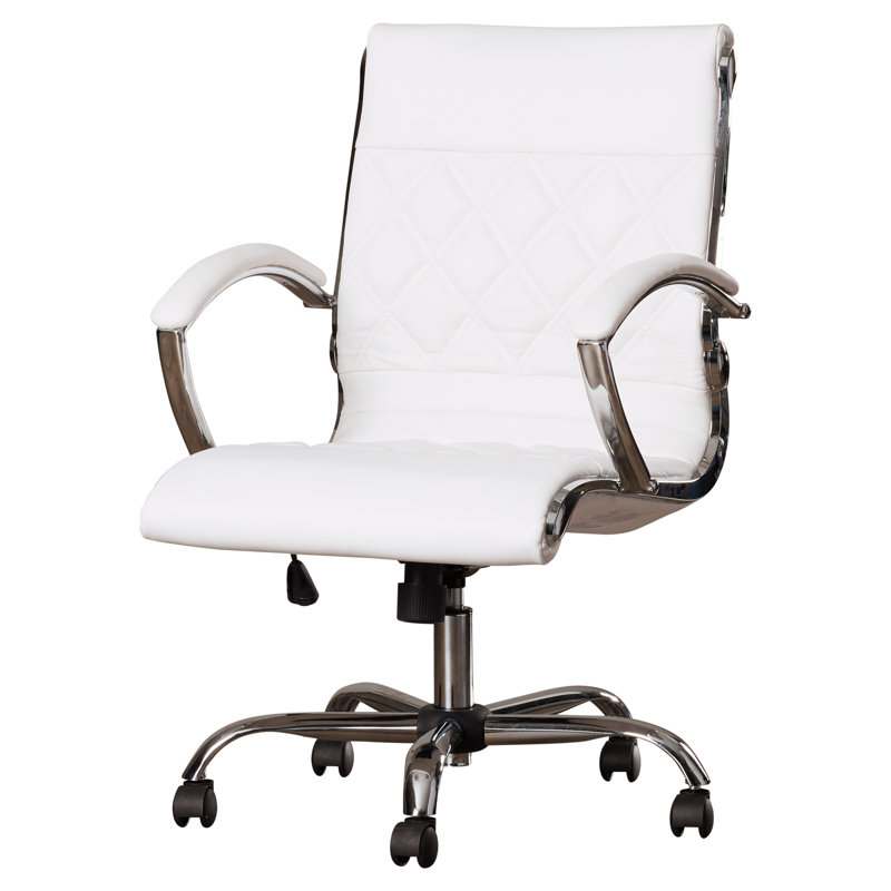  Fauteuil de direction pivotant LeatherSoft à dossier moyen avec base et accoudoirs chromés, Blanc