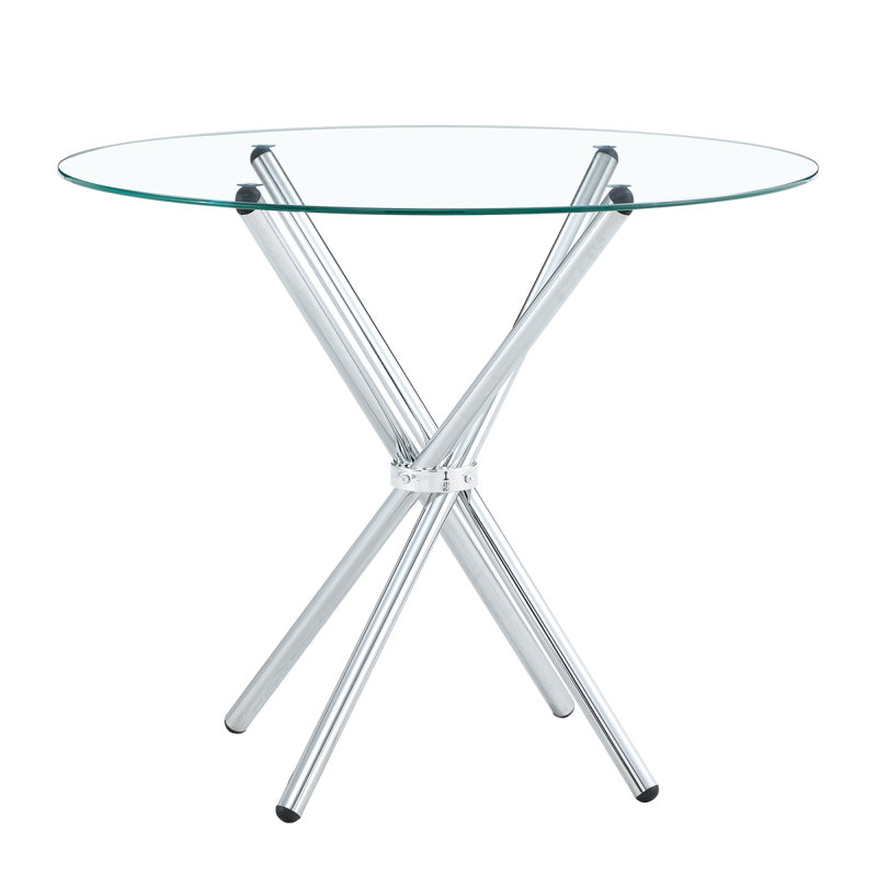 Table de salle à manger ronde en verre transparent avec une forme unique pour 4 à 6 personnes, avec des pieds en métal froncés en forme d'anneau, convenant aux bureaux, aux cuisines, aux terrasses et aux salles à manger. W1151P208336
