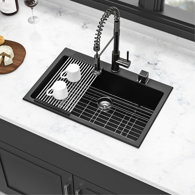 Black Granite-Like Quartz Kitchen Sink 33X22", Hygienic And 33X22" Composite Sink, Granite Feel, Strong Silent