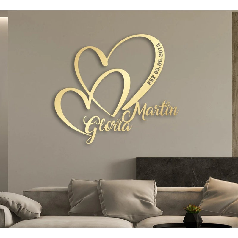 Décoration murale personnalisée en métal double cœur et amour pour la Saint-Valentin ou cadeau de mariage, Oui, Or mat