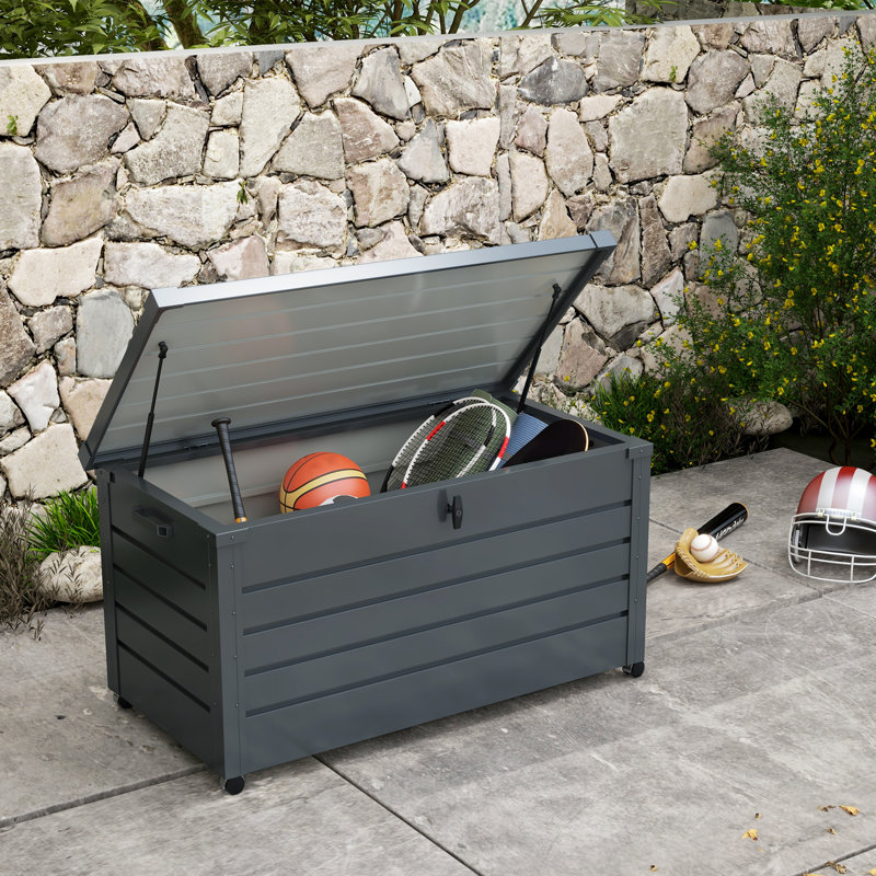 Boîte de rangement de jardin, coffre de terrasse avec verrou pour outils, coussins gris, H 26 po x l 47,2 po x P 24,4 po