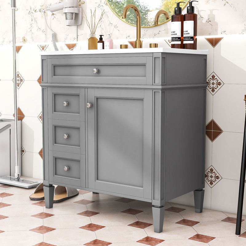 Meuble-lavabo avec lavabo supérieur et 2 tiroirs Clista, Gris