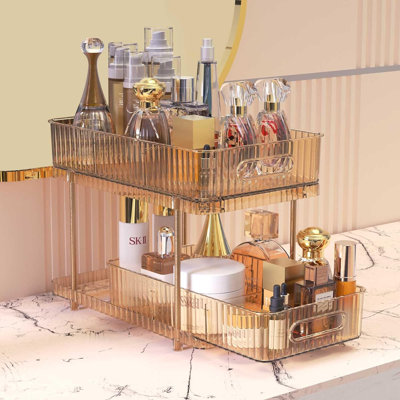 2-Tier Makeup And Skincare Organizers For Vanity, Pull-Out Bathroom Organizers And Storage With 4 Removable Dividers, Champagne Gold -  Mercer41, 7BA064AA40384F66AF1AC8DE616AD727