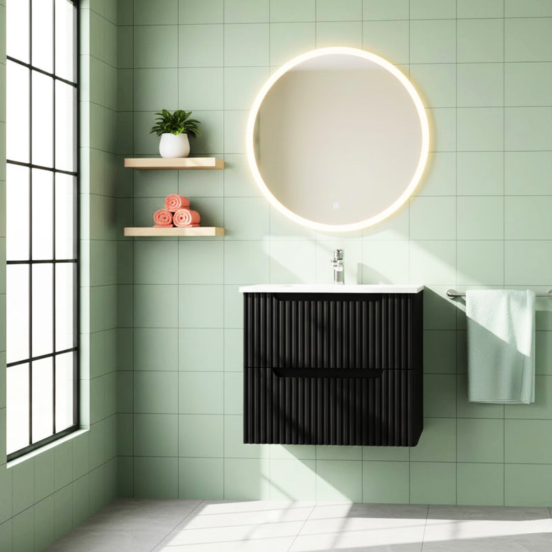 Meuble-lavabo suspendu de 61 cm (24 po), fixé au mur avec lavabo, noir, système de fermeture amortie, design épuré et spacieux, tiroirs, rangement pour articles de toilette et serviettes, style contemporain