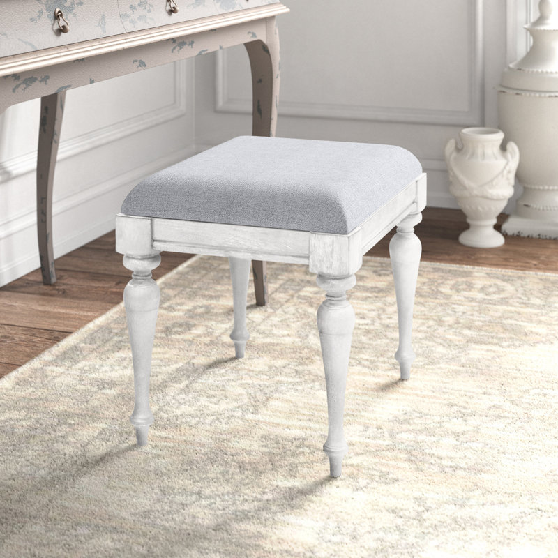 Lipford Watson Polyester Upholstered Solid and Manufactured Wood Vanity Stool , Rustic Ivory, Light Gray