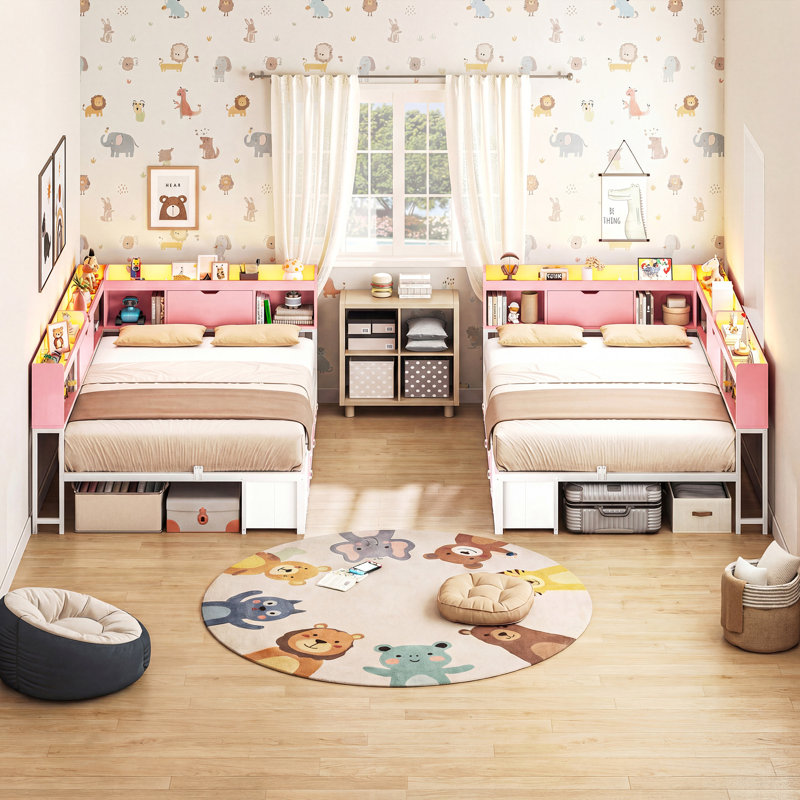 Full Corner Daybed Frame with 6 Drawers and Storage Bookcase Daybed with Charging Station and LED Lights, Pink, Full/Double