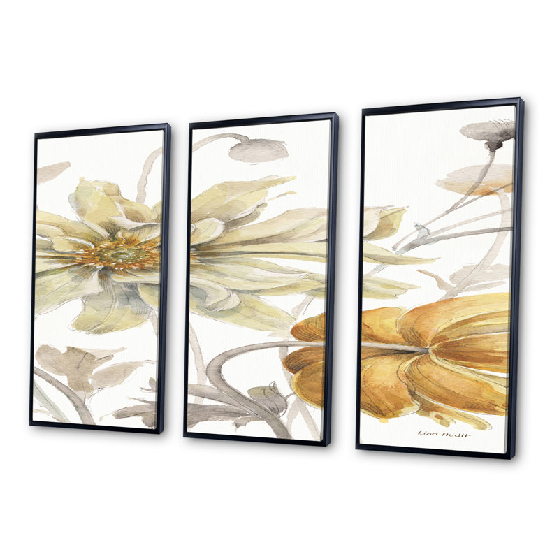 «Fields Of Gold Watercolor Flower I», peinture sur toile 3 pièces, Noir, H 20 po x l 36 po