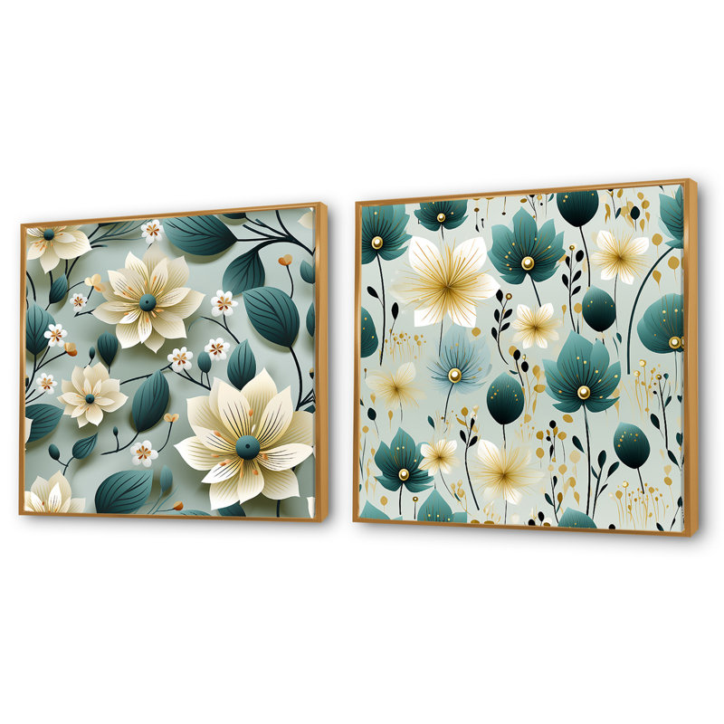 Bleu sarcelle et ivoire, motif floral côtier - ensemble de 2 collages floraux carrés, Cadre flottant doré, H 36 po x l 73 po