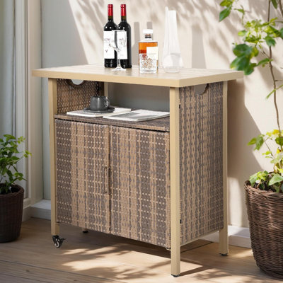 Outdoor Storage Cabinet with Rolling Wheels, Patio Bar Cart with Table and Wicker Cabinet, Kitchen Island Prep Table