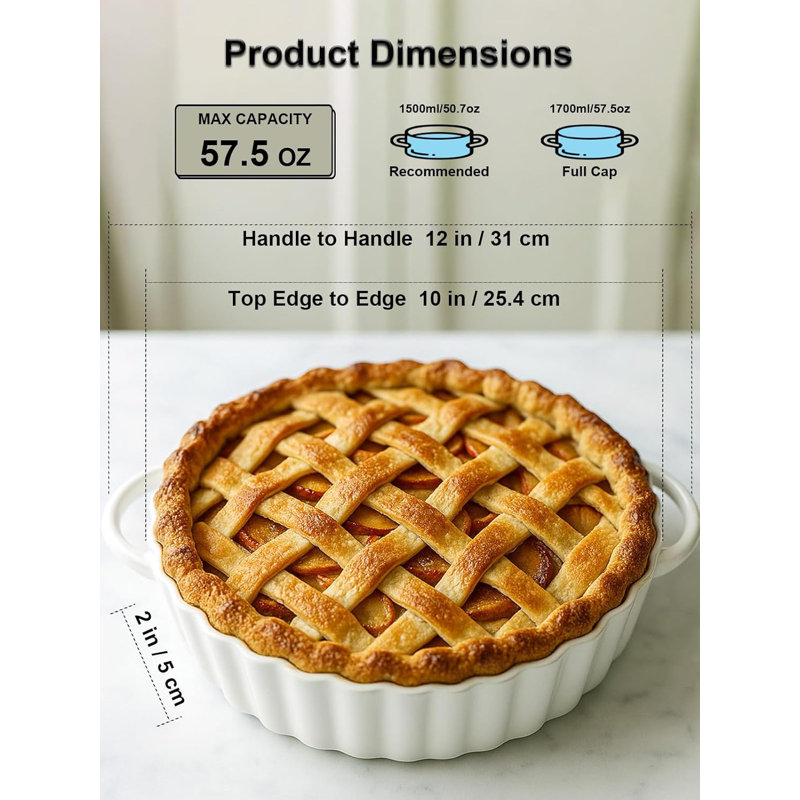 Plat à tarte en céramique 10 po x 2 po avec poignées, plat de cuisson sans plomb pour tarte quiche tarte Lasagn