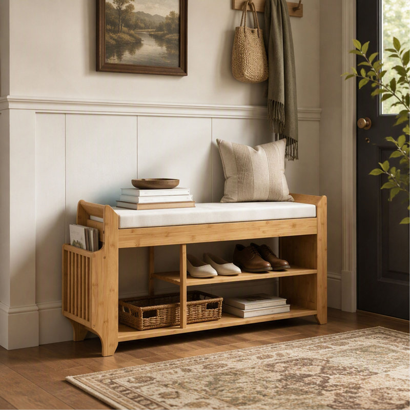 Banc de rangement d'entrée avec siège rembourré confortable pour couloir et salon
