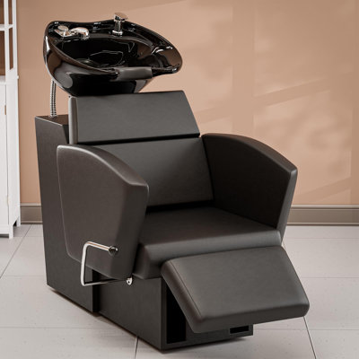 Ergonomic Professional Shampoo Bowl and Chair Set with Legrest, Backwash Hair Washing Station Featuring Tilting Ceramic Sink, Comfortable Complete Unit for Home or Salon Hairstylist