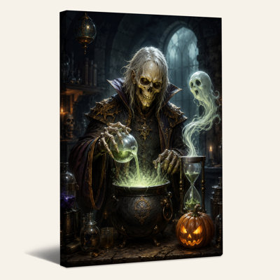 Squelette, sorcier versant, potion verte dans une toile d'Halloween foncé