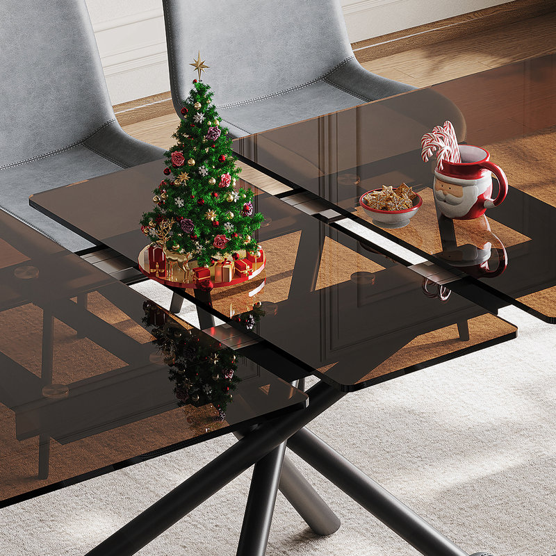 Table de salle à manger rectangulaire 59 po avec rallonge rétractable 59 po., Transparent, Acier au carbone, Noir