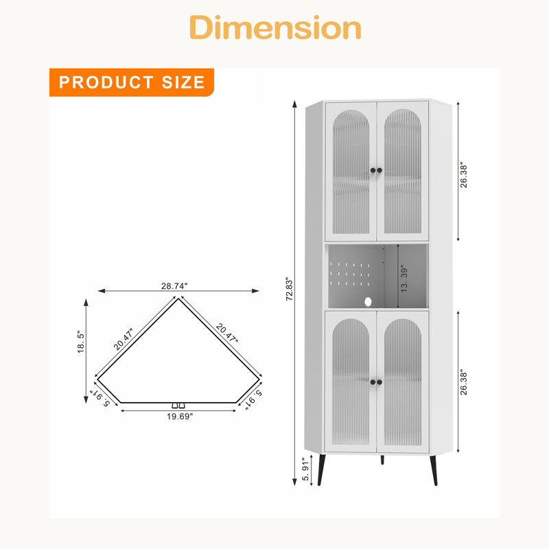 Armoire de coin de 73 po, armoire de rangement en métal avec portes et tablettes réglables, rangement de coin élégant et peu encombrant pour vestibule, salle de bain, chambre à coucher, salle à manger, salon, bureau