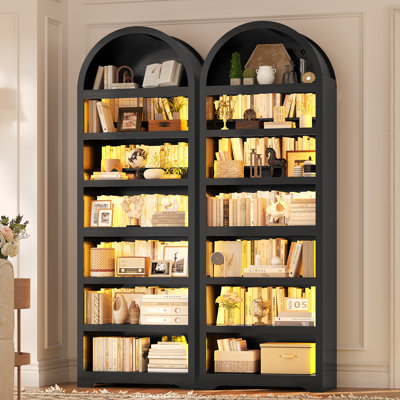 79.4" Tall Arched Bookshelf With Led Light, Modern 7-Tier Storage Cabinet With Adjustable Shelves (Set Of 2)