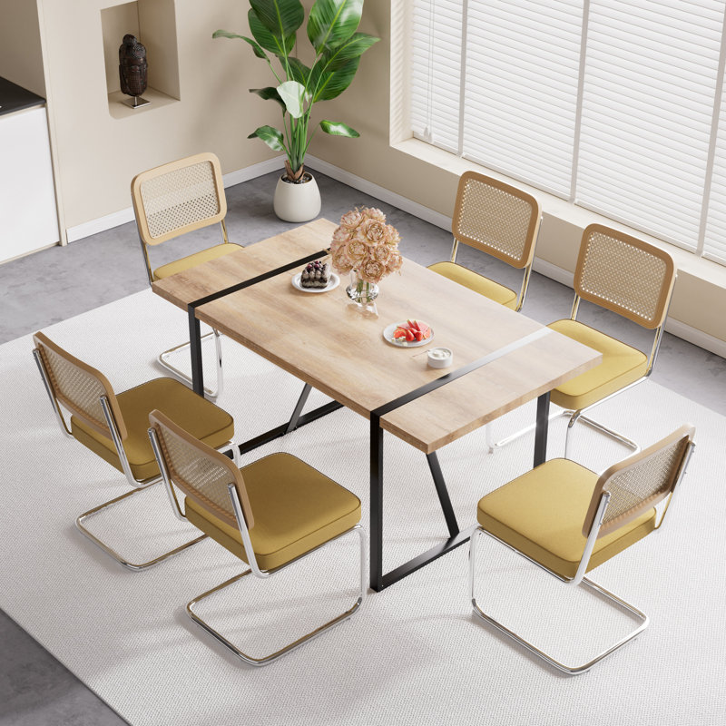 Ensemble de table de salle à manger avec chaises d'appoint rembourrées en velours, Jaune, 7, Brun rustique