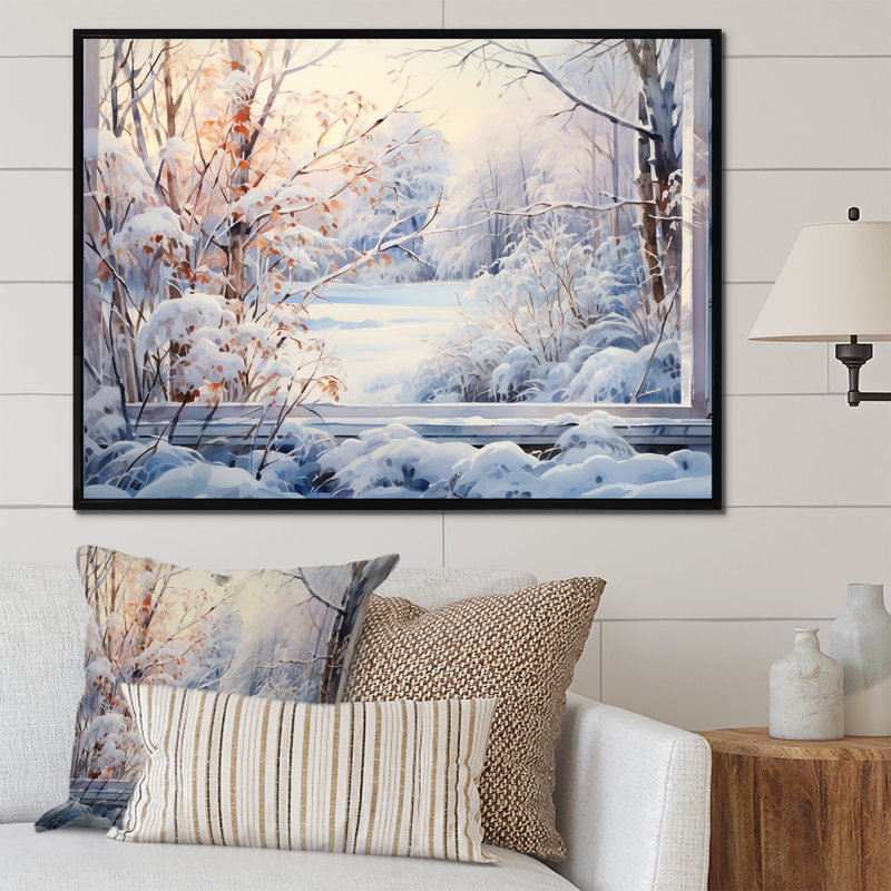 «Winter River Window View III - Winter Landscape», art sur toile, Cadre flottant noir, H 16 po x l 32 po x P 1 po