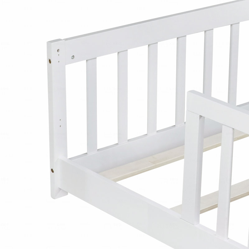 Twin Size Floor Bed Frame With Fence Without Door, Rubber Wooden Frame Material Floor Bed Frame With Safety Guardrails, White