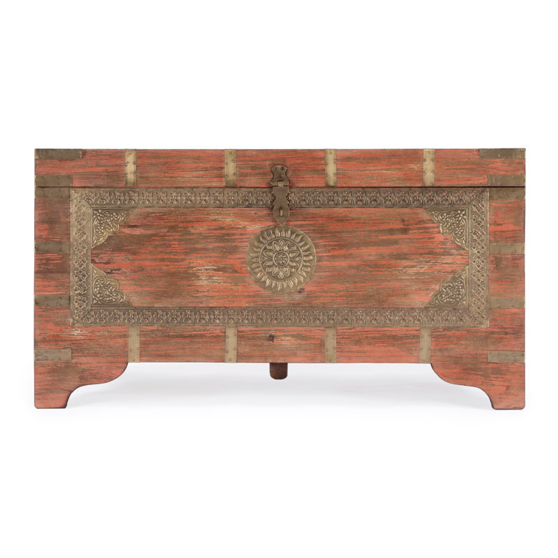 Nador Hand-Painted Brass Inlay Storage Trunk Coffee Table, Coral/ Gold