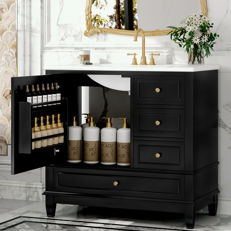 Bathroom Vanity with Ceramic Sink, 3 Drawers and Cabinet with Shelves, Black