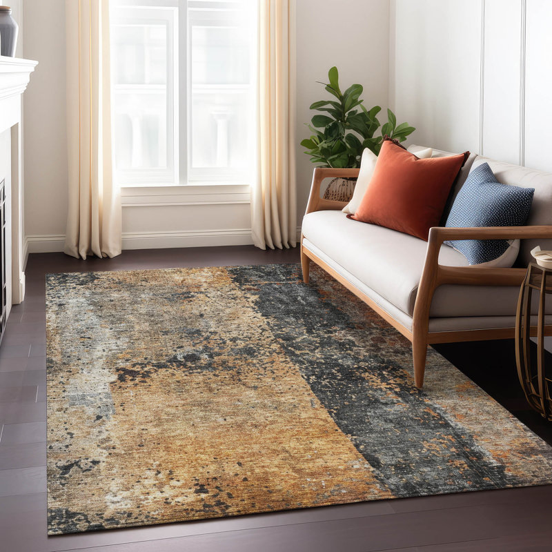 Copper and Gray Abstract Washable Synthetic 8' x 10' Rug