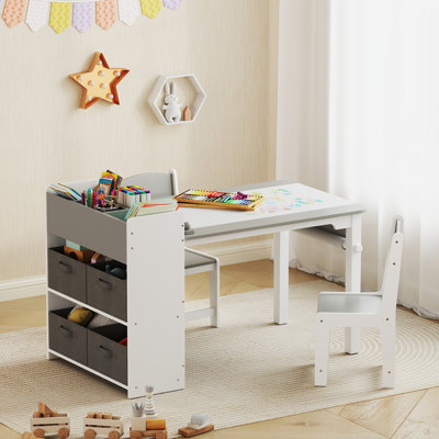 Kids Desk and Chair Set with Paper Roll, Kids Art Table and Chairs Set with Storage Shelves and Drawers, Activity Craft Table for Writing Drawing Aged by Latitude Run
