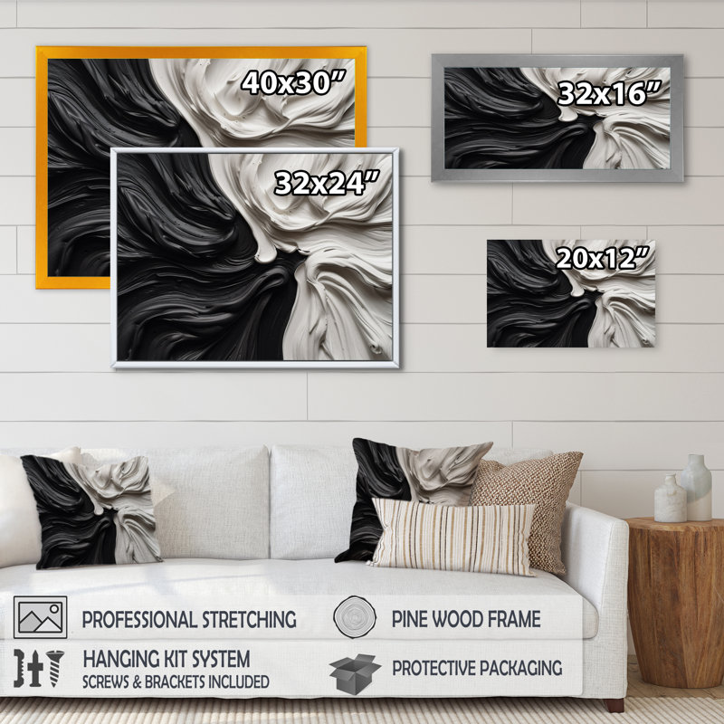 Black White Marbled Dreamscape IV On Canvas Print, Single Picture Framed, 34" H x 44" W, Black