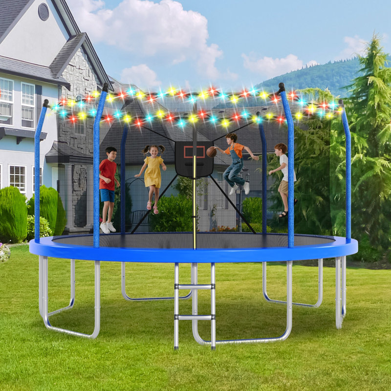 Trampoline avec lumières et panier de basketball, Bleu